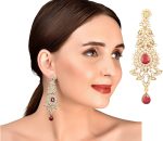 Touchstone "Hollywood Glamour Oscar Collection" Indian Paisley Motif Designer Bridal Jewelry Long Chandelier Earrings In Antique Gold and White Tone For Women. - Image 2